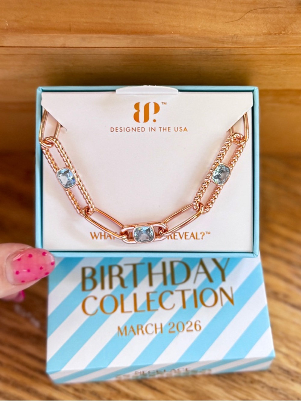 bp Rose Gold Link Necklace with Sky Blue Stones - Birthday Collection